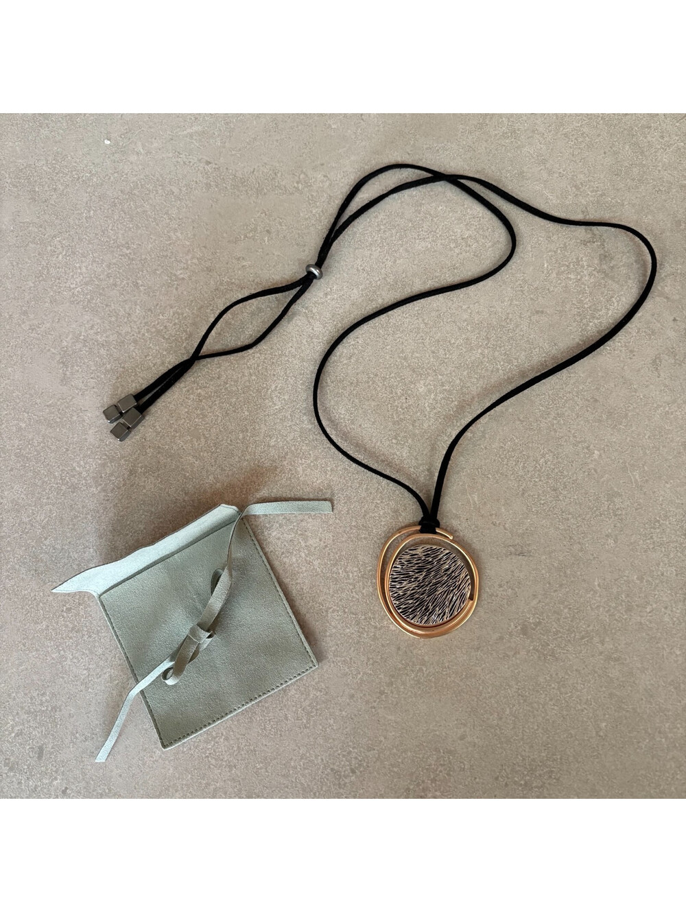 Modern pendant necklace - metal & gold silver - adjustable bead - suede string